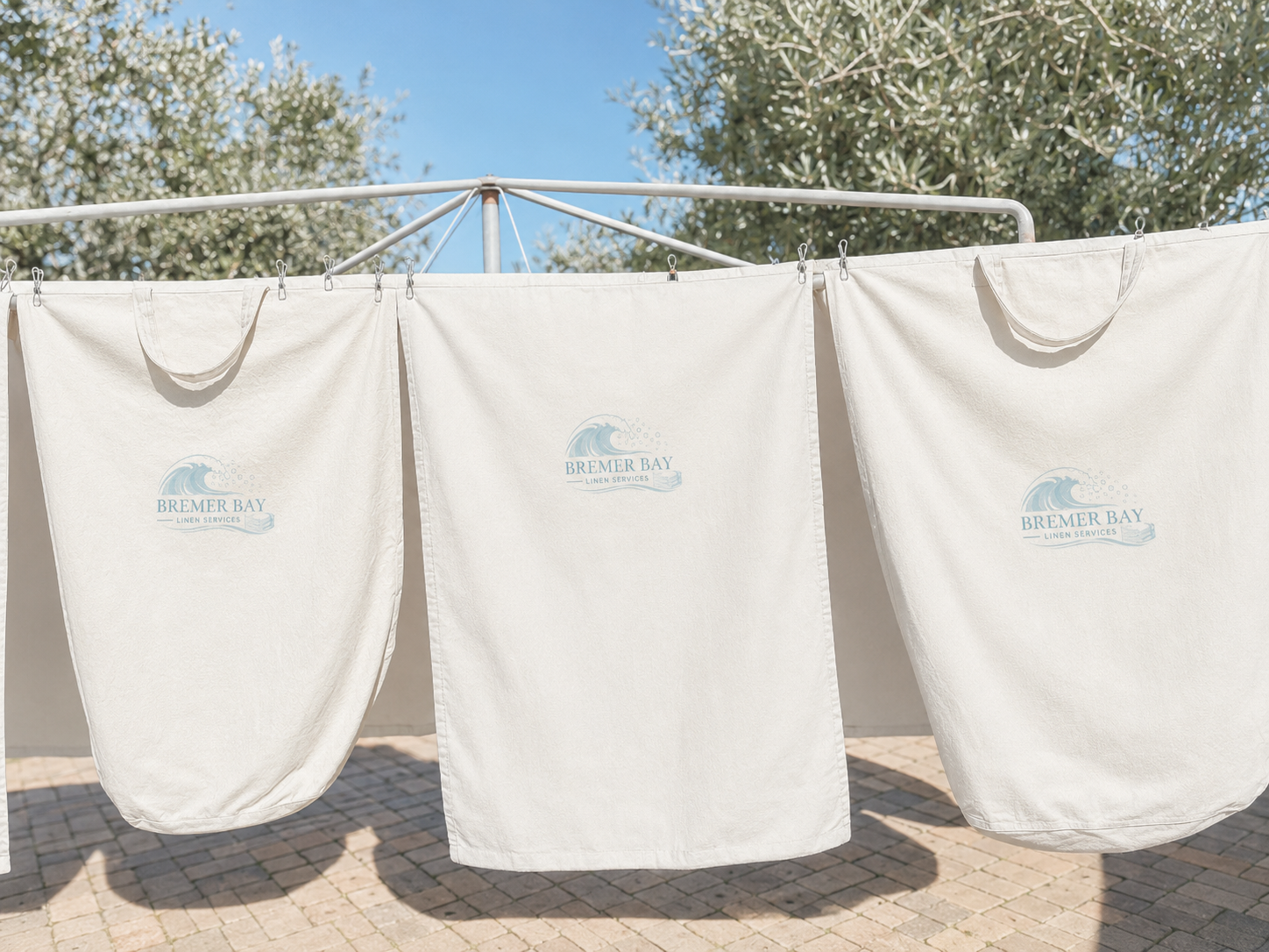 Branded Bremer Bay Linen Services laundry bags hanging on a clothesline in the sun