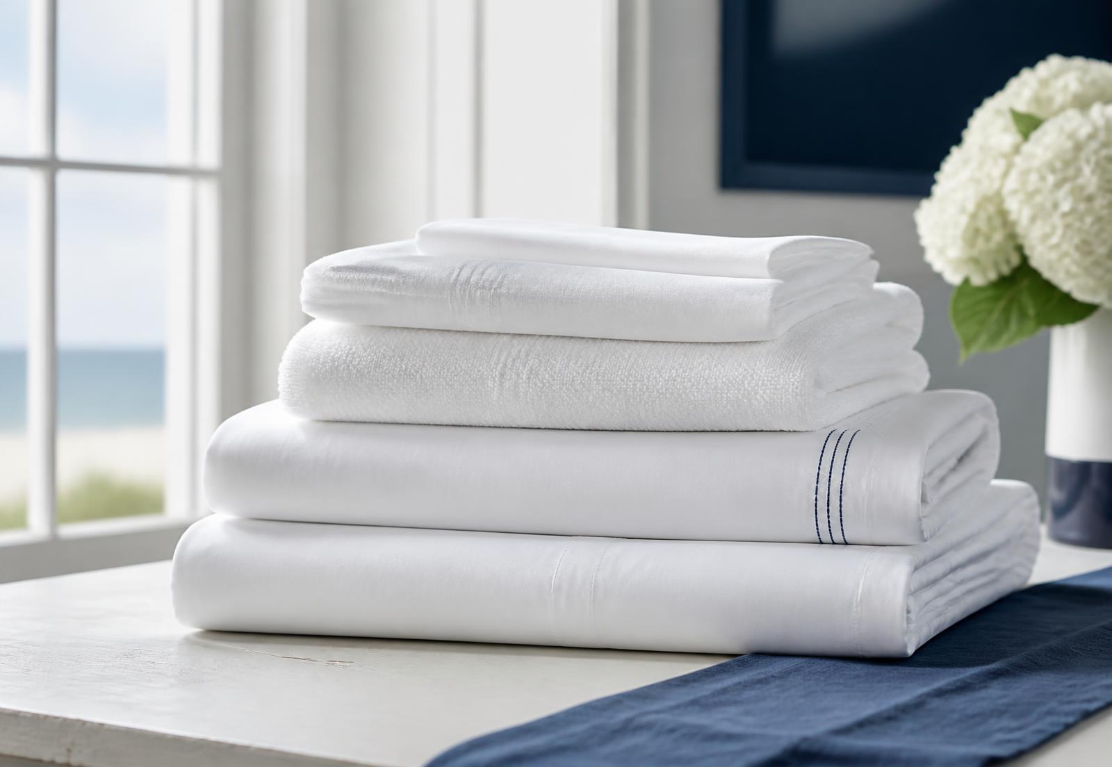 Stack of freshly laundered white sheets and towels beside a coastal window